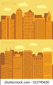 Set of backgrounds of big cities - Boston and Chicago.  Sketch streets of Boston and Chicago. Vector illustration of stylized buildings of America. Skyscraper for landmark Boston and Chicago. Sketch