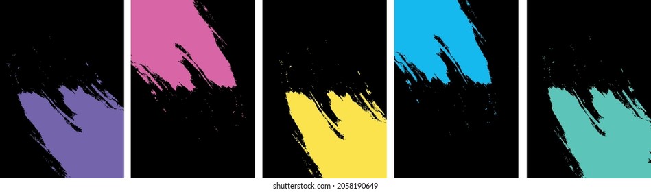 Conjunto de antecedentes. Fondo negro con colores brillantes. Perros multicolores sobre fondo negro. Pinturas de aceite. Cuadros en las paredes