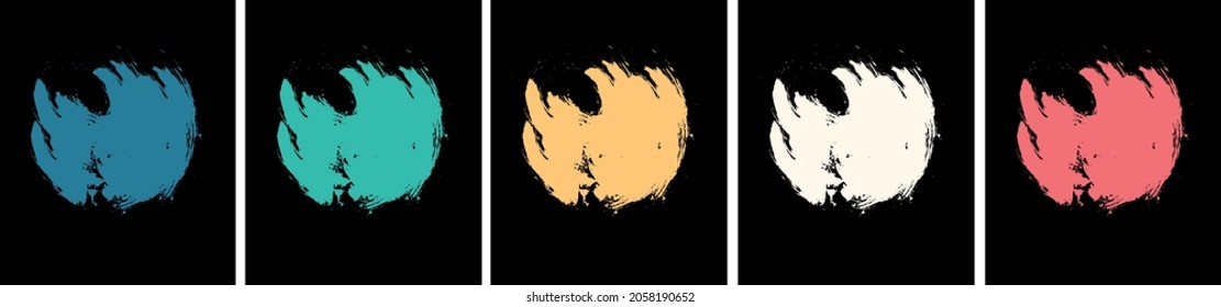 Conjunto de antecedentes. Fondo negro con colores brillantes. Perros multicolores sobre fondo negro. Pinturas de aceite. Cuadros en las paredes