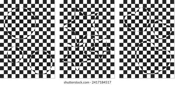 Conjunto de fondos de mosaico blanco y negro y 3d-figuras. Plantillas para banner, portada, afiche, postal. Resumen de patrones blancos y negros. Ilustración óptica 3D-art.