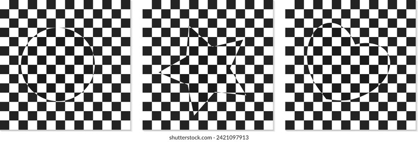 Set of backgrounds of black and white mosaic and 3d-figures. Templates for banner, cover, poster, postcard. Abstract patterns in black and white checkered . Optical 3D art
