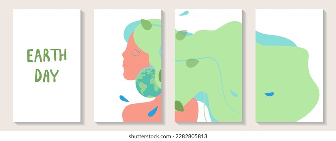A set of backgrounds from blocks with image of Mother Earth and planet Earth. Trendy set of minimalistic covers. Minimal wall art. Place for logos, messages, text placement.