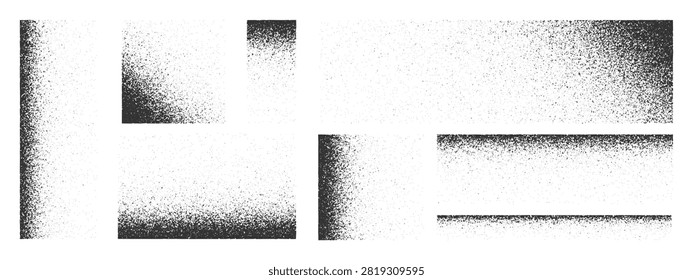 Set of backgrounds, borders and corners with gritty, noisy or grunge halftone effect. Grey powder, dust or sand, mezzotint or splatter textures. Faded monochrome patterns. Vector graphic illustration.