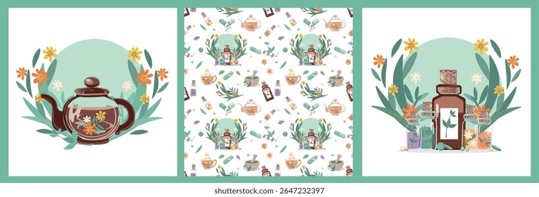 Conjunto de fundos de garrafas e cápsulas com ervas medicinais, óleos aromáticos, tinturas de ervas. Fitoterapia. Medicina alternativa. Ilustração vetorial para publicidade, folhetos e rede social