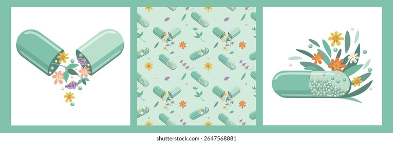 Conjunto de fundos de garrafas e cápsulas com ervas medicinais, óleos aromáticos, tinturas de ervas. Fitoterapia. Medicina alternativa. Ilustração vetorial para publicidade, folhetos e rede social