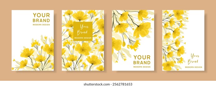 Set of backgrounds with bright flowers in watercolor style. Background for invitation, shop, beauty salon, spa. Vector.
