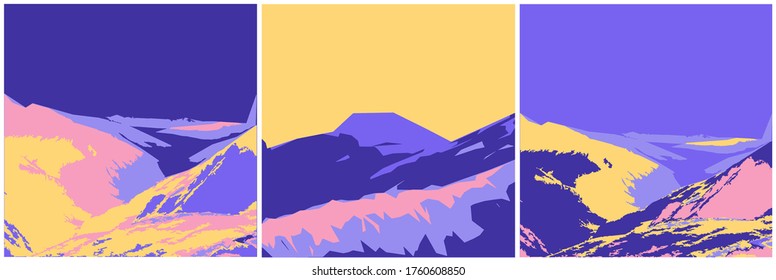 Set of  backgrounds or card templates with abstract hills of modern colors. Bundle of bright colored backdrops. Vector illustration in modern art style