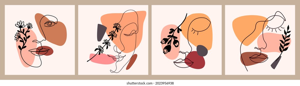 Set of backgrounds for cards, poster, wall art. Linear black face contour and botanical element in black ink, flowing shapes. Female portrait on pastel background. Modern trendy vector illustration.