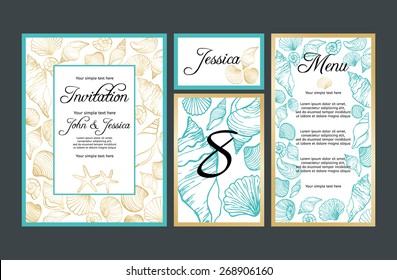 Set backgrounds to celebrate the wedding with hand drawn seashells. Wedding invitation, table number, guest card, menu card