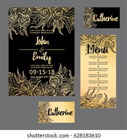 Set backgrounds to celebrate the wedding with hand drawn gold roses. Wedding invitation, guest card, menu card. Vector illustration.