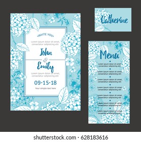 Set backgrounds to celebrate a wedding with hand drawn hydrangea. Wedding invitation, guest card, menu card. Vector illustration.