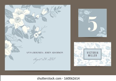 Set backgrounds to celebrate the wedding. Invitation card, table number, guest card. Romantic set with a branch of blossoming dog-rose on blue-gray background. Vector illustration.