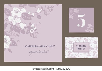 Set backgrounds to celebrate the wedding. Invitation card, table number, guest card. Romantic set with a branch of blossoming dog-rose on pink-gray background. Vector illustration.