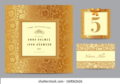 Set backgrounds to celebrate the wedding. Invitation card, table number, guest card. Vintage set with gold ornament in baroque style. Vector illustration.