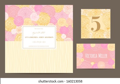 Set backgrounds to celebrate the wedding. Invitation card, table number, guest card. Vector illustration. Pastel background of lush roses, pink, yellow, coral, light.