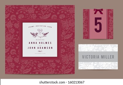 Set backgrounds to celebrate the wedding. Invitation card, table number, guest card. Vector illustration. 