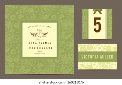 Set backgrounds to celebrate the wedding. Invitation card, table number, guest card. Vector illustration. Green background with silhouettes of bouquets of flowers and yellow vintage frame with birds.