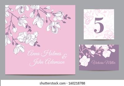 Set backgrounds to celebrate the wedding. Invitation card, table number, guest card. Vector illustration. Vintage pink with a purple background with a branch of magnolia blossoms.