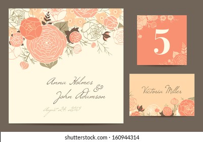 Set backgrounds to celebrate the wedding. Invitation card, table number, guest card. Vector illustration. Modern composition of coral roses, buttercups and carnations on a beige background.