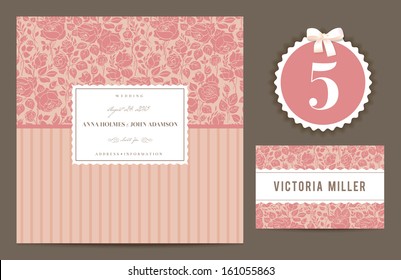 Set backgrounds to celebrate the wedding. Invitation card, table number, guest card. Vector illustration. Coral red backgrounds with vintage Victorian pattern with silhouettes of garden roses.