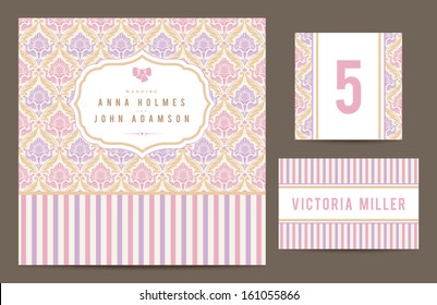 Set backgrounds to celebrate the wedding. Invitation card, table number, guest card. Vector illustration. Romantic pastel card with ornamental vintage background.