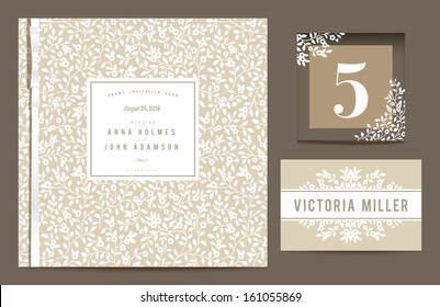 Set backgrounds to celebrate the wedding. Invitation card, table number, guest card. Vector illustration. Beige background with white silhouettes of small flowers.