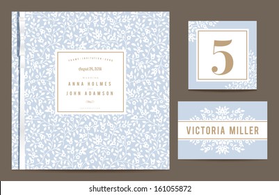 Set backgrounds to celebrate the wedding. Invitation card, table number, guest card. Vector illustration. Blue background with white silhouettes of small flowers.