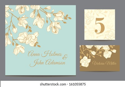 Set backgrounds to celebrate the wedding. Invitation card, table number, guest card. Vector illustration. Vintage mint with a brown background with a branch of magnolia blossoms.