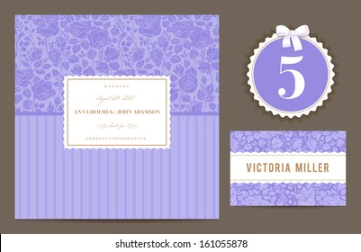 Set backgrounds to celebrate the wedding. Invitation card, table number, guest card. Vector illustration. Purple backgrounds with vintage Victorian pattern with silhouettes of garden roses.