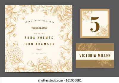 Set backgrounds to celebrate the wedding. Invitation card, table number, guest card. Vector illustration.  Flowers roses, dog-rose hydrangea in beige color. 