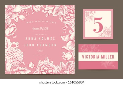 Set backgrounds to celebrate the wedding. Invitation card, table number, guest card. Vector illustration.  Flowers roses, dog-rose hydrangea in pink color. 