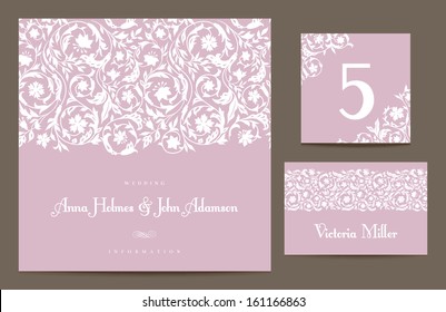 Set backgrounds to celebrate the wedding. Invitation card, table number, guest card. Vector illustration. White stylized elements of the field flowers on a light pink background.