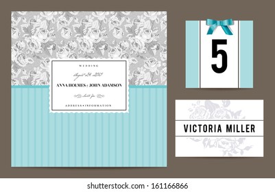 Set backgrounds to celebrate the wedding. Invitation card, table number, guest card. Vector illustration. Gray pattern with bouquets of roses and mint backgrounds.