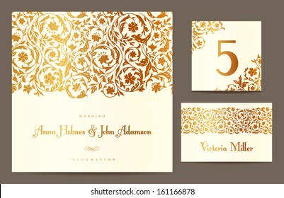 Set backgrounds to celebrate the wedding. Invitation card, table number, guest card. Vector illustration. Golden stylized elements of the field flowers on a beige background.