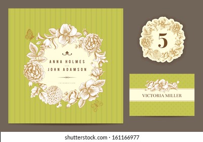 Set backgrounds to celebrate the wedding. Invitation card, table number, guest card. Vector illustration.  Round frame from flowers roses, dog-rose, hydrangea on a green background.