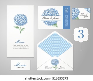 Set backgrounds to celebrate the wedding. Invitation card, table number, guest card. Vector illustration. Hydrangea.