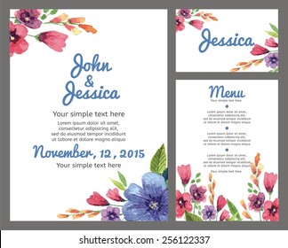 Set backgrounds to celebrate the wedding with watercolor flowers. Wedding invitation,   guest card, menu card. Vector illustration.