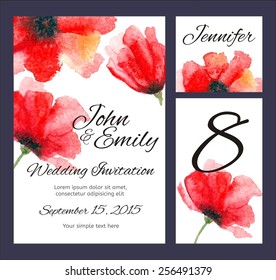 Set backgrounds to celebrate the wedding with watercolor poppies. Wedding invitation, table number, guest card. Red flowers