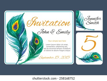 Set backgrounds to celebrate the wedding with watercolor peacock feather. Wedding invitation, table number, guest card. Vector illustration