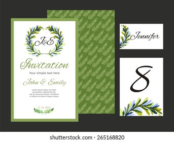 Set backgrounds to celebrate the wedding with watercolor olive branch. Wedding invitation, guest card, table number