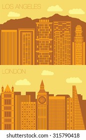 Set of backgrounds of cities - Los Angeles and London. Sketch streets of Los Angeles and London. Vector illustration of stylized buildings of America. Skyscraper for landmark Los Angeles and London