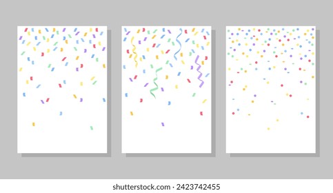 Set of backgrounds with colored confetti, ribbons, circles. Vector illustration. Social media banner template, for stories, posts, blogs, cards.