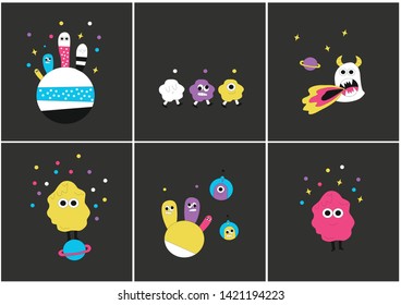 set of backgrounds with cosmic cartoon monsters, aliens, space world