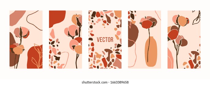 Set Backgrounds with cotton flowers and terrazzo mosaic. Abstract Mobile Wallpapers in minimal contemporary collage style templates for social media stories. Vector Illustration in pastel pink color