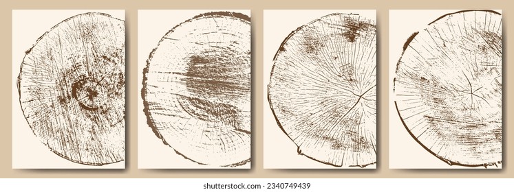 A set of backgrounds. Cross-section of wood background. Natural cut wood. Wood texture, ring pattern. Round wooden design elements. Vector illustration.