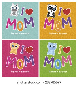 Set of backgrounds with cute animals for mother's day. Vector illustration