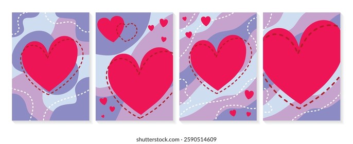 Set of backgrounds with cute cartoon style heart. Abstract card design for Valentine’s Day, Mother’s Day and Women’s Day. Vector illustration