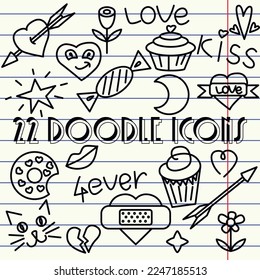 Set of backgrounds with cute doodle icons. Hearts, stars, sweets and other symbols of love