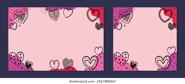 Set of backgrounds with cute hand drawn hearts. Design in cartoon style for Valentine’s Day, Mother’s Day and Women’s Day. Vector illustration
