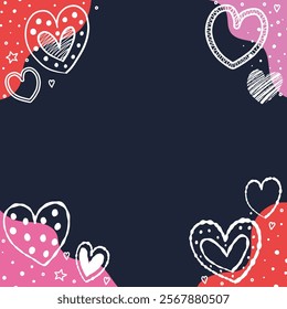 Set of backgrounds with cute hand drawn hearts. Design in cartoon style for Valentine’s Day, Mother’s Day and Women’s Day. Vector illustration